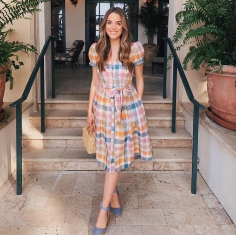 Gal Meets Glam Petite Gingham Linen Blend Midi Dress
